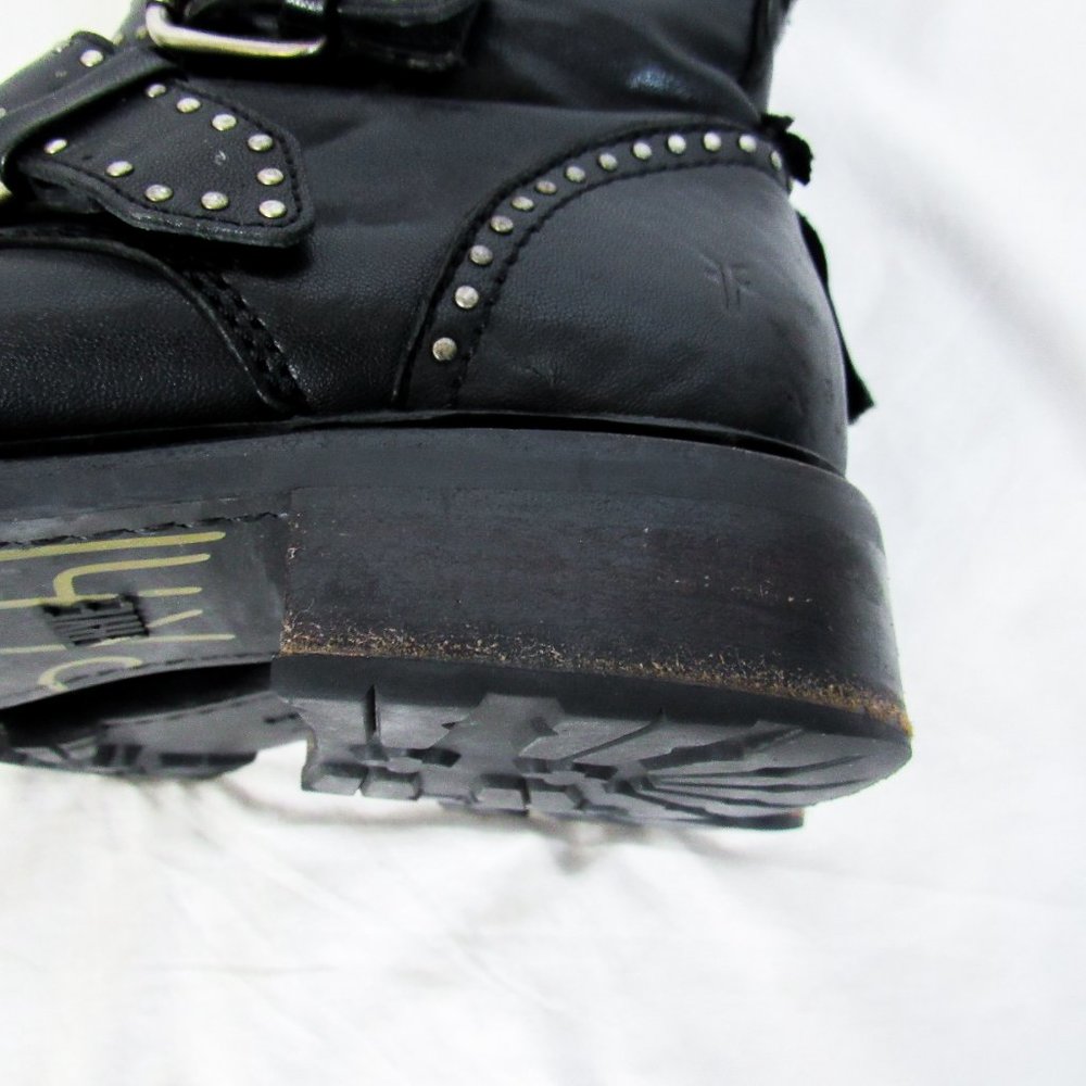 SOLD FRYE Black Leather 'Samantha' Studded Combat Biker Moto Boots -9 1/2 - Picture 14 of 15